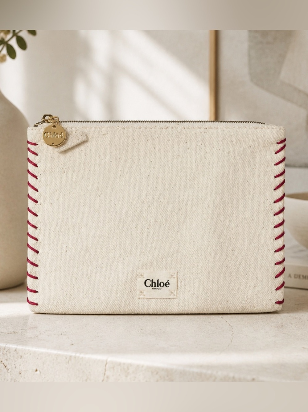 Cream Canvas Zip Pouch with Red Stitch Accents